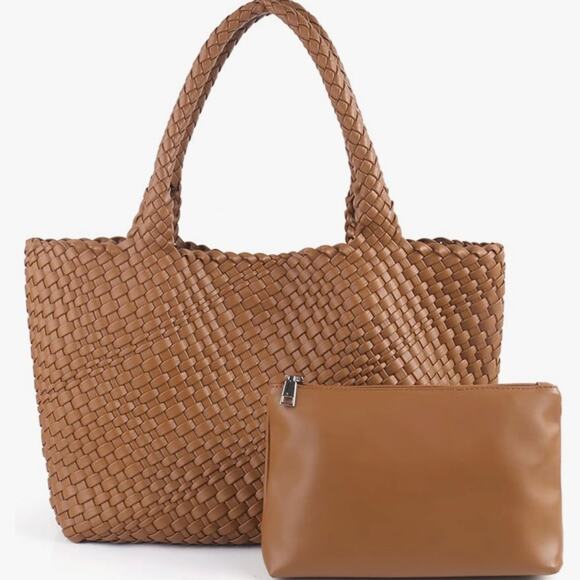 Woven Tote Soft Vegan Leather Shoulder Bag With Lightweight‎ Zipper Pouch Camel - Picture 1 of 12